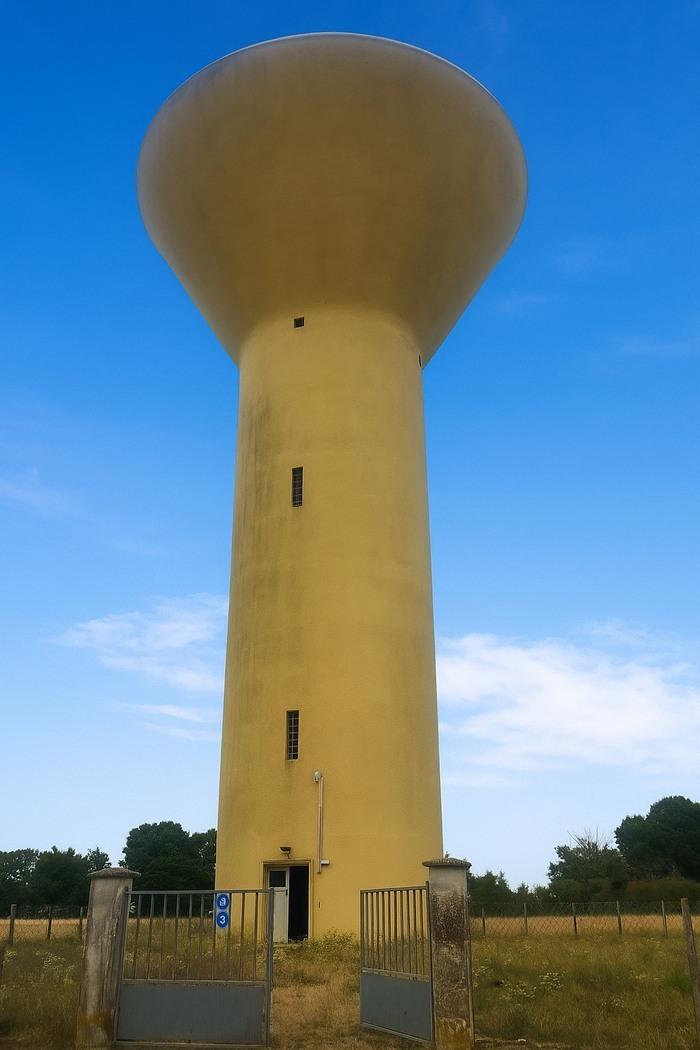 Château d’eau de l’Écoublère à Écueillé (Indre), vu depuis son portail.